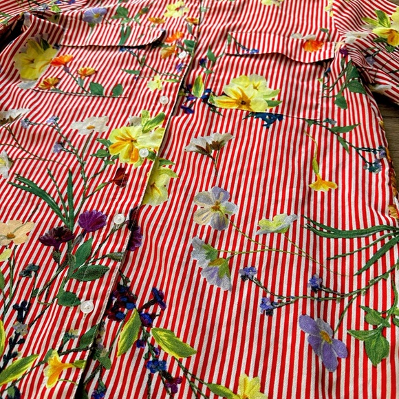 Calvin Klein Vibrant Red & White Striped Floral Button Down Blouse - Picture 6 of 10